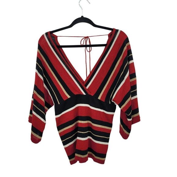 Vintage 90s Red Knit Top V-Neck Kimono Sleeve L Black Striped Empire Tie Back - Picture 10 of 10